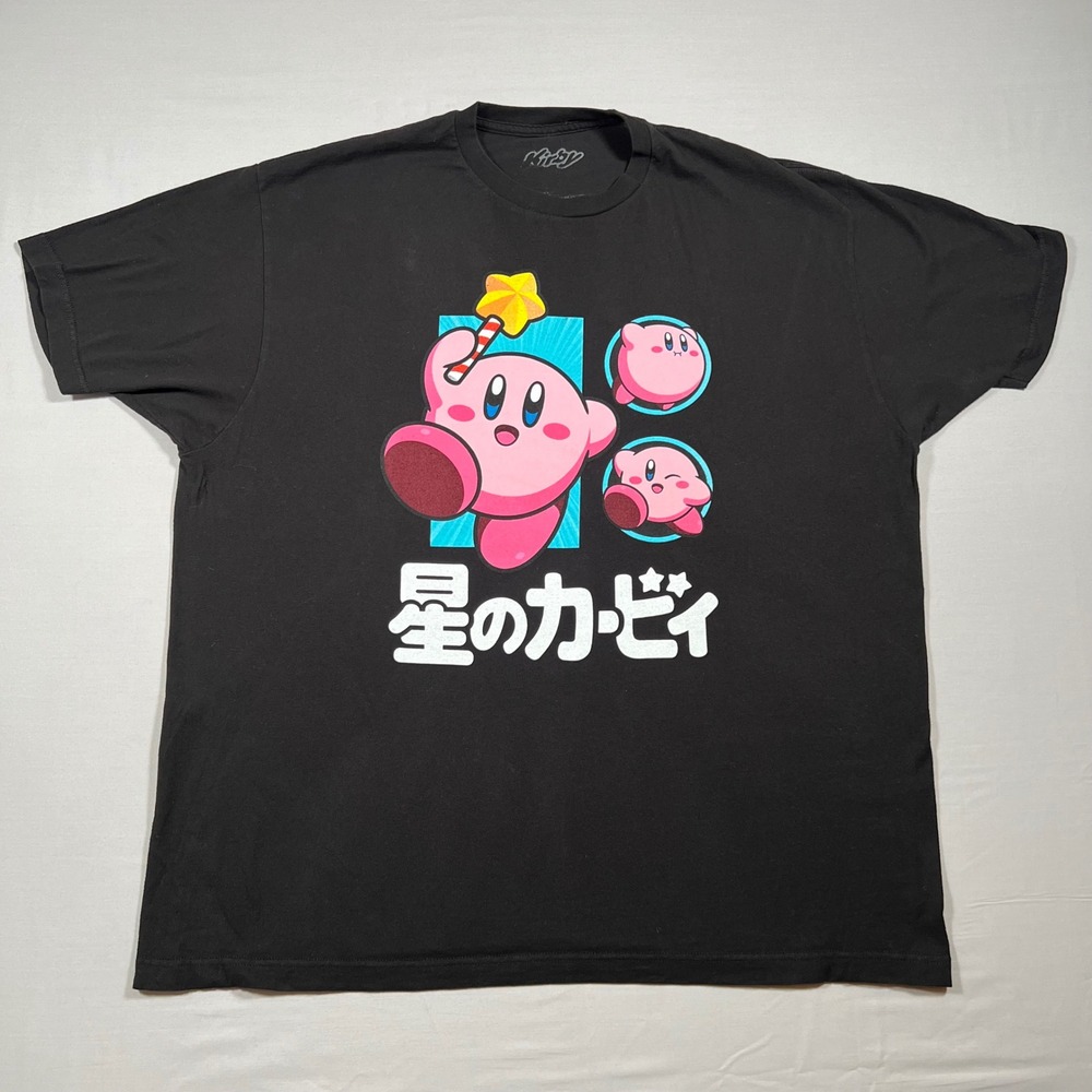 Kirby Nintendo Star Rod Japanese Text Graphic T-Shirt Mens Black XXL